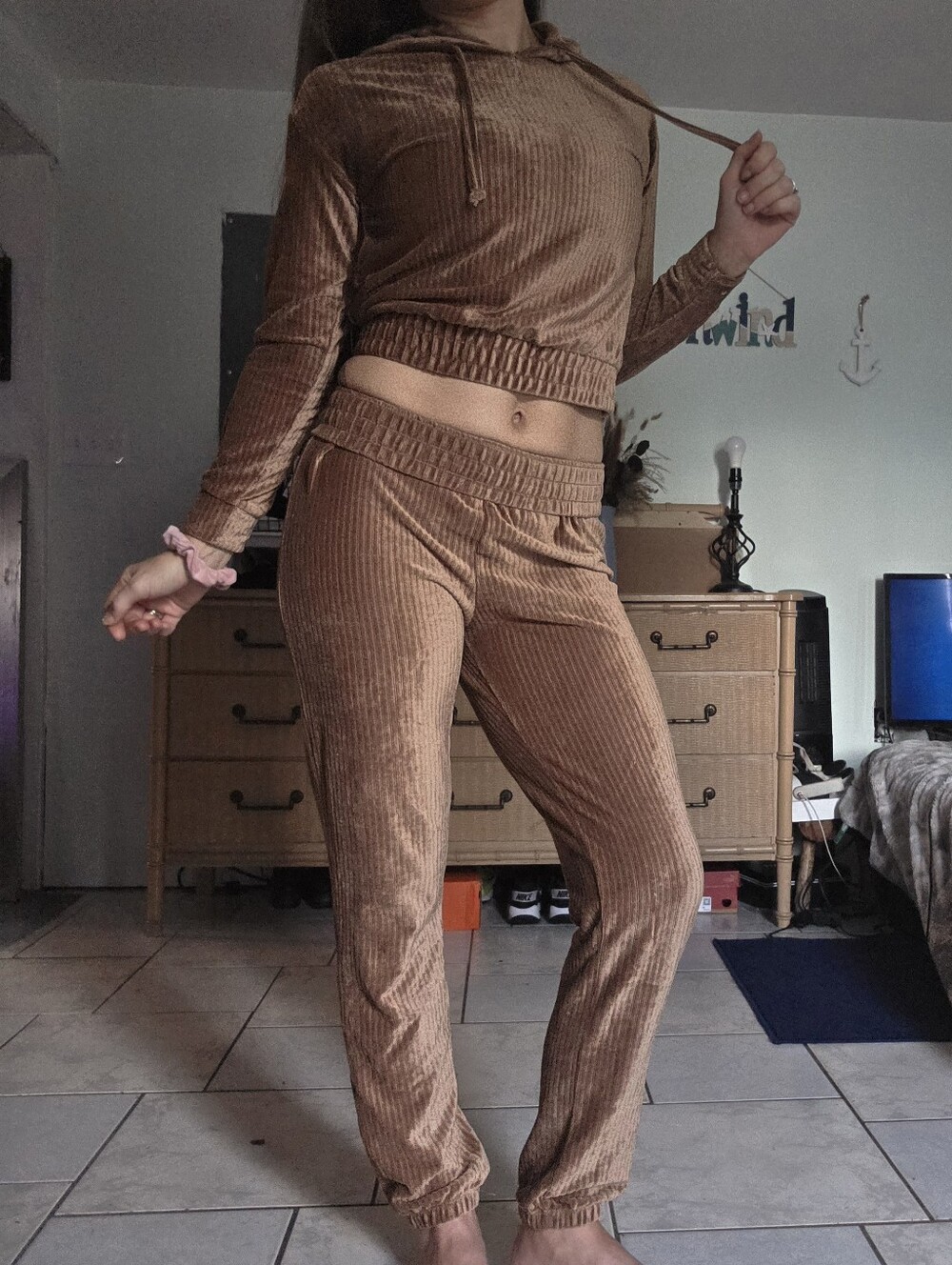LN, Ribbed Velour Velvet Soft Hoodie & Jogger Set in Taupe No Boundaries.